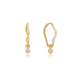 14KT Gold White Sapphire Drop Mini  Wave Hoop Earrings 