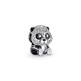 Panda sterling silver charm with clear cubic zirconia and black enamel