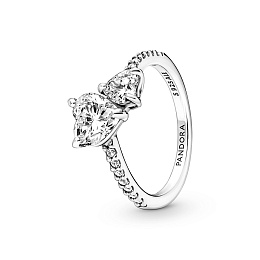 Double heart sterling silver ring with clear cubic zirconia