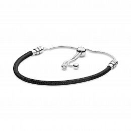 Silver sliding bracelet with black leather and clear cubic zirconia/Серебряный браслет с черной коже