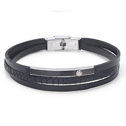 Stainless steel and leather bracelet with black Te