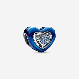 Spinning heart sterling silver charm with night blue crystal and transparent blue enamel