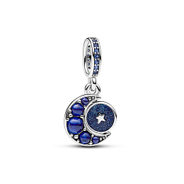 Crescent moon sterling silver dangle with royal blue, stellar blue and skylight blue crystal and shi