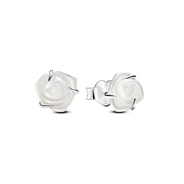 White rose sterling silver stud earrings with white bioresin man-made mother of pearl