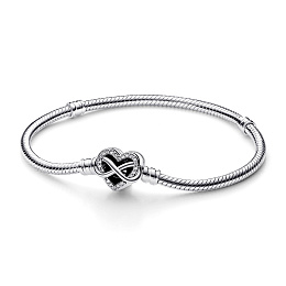 Snake chain sterling silver bracelet with infinity heart clasp with clear cubic zirconia