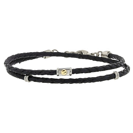 Stainless steel and black leather bracelet two tur