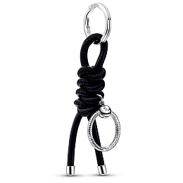 Sterling silver key ring with black leather-free fabric cord