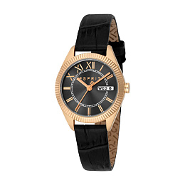 ESPRIT Women Watch, Rose Gold Color Case, Black Dial, Black Leather Strap, 3 Hands Day-Date, 5 ATM