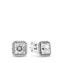 Square silver stud earrings with clear cubic zirconia/Серебряные серьги-пусеты с чистым кубическим ц