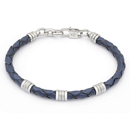 Stainless steel and blue braided leather bracelet 