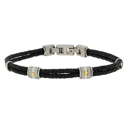 Stainless steel and black leather bracelet and 18k