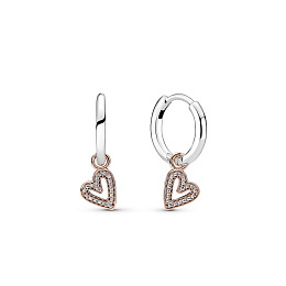 Heart 14k rose gold-plated and sterling silver hoop earrings with clear cubic zirconia/Серебряные се