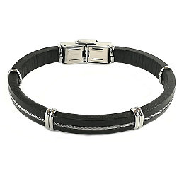 Stainless steel and black leather bracelet with central plate and screws complete with gift box