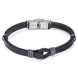 Stainless steel bracelet with black leather and vi