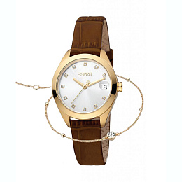 ESPRIT Women Watch, Gold Color MSO2101159Case, Silver Dial, Brown Leather Strap, 3 Hands Date, 5210