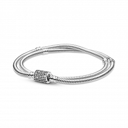 Double snake chain sterling silver bracelet with barrel clasp with clear cubic zirconia