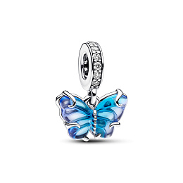Butterfly sterling silver dangle with bi-colour blue Murano glass and clear cubic zirconia