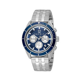 ESPRIT Men Watch, Silver Color Case, Dark Blue Dial, Stainless Steel Metal Bracelet, Chronograph, 10