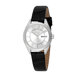 ESPRIT Women Watch, Silver Color Case, Silver Dial, Black Leather Strap, 3 Hands Day-Date, 5 ATM