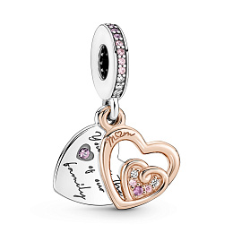 Double heart sterling silver and 14k rosegold-plated dangle with clear and fancy fairy tale pink cub