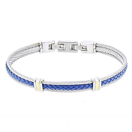 Stainless steel cable bracelet - central blue leat