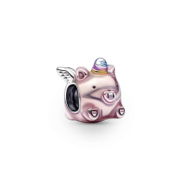 Flying pig sterling silver charm with transparent light pink, blue, violet and yellow enamel