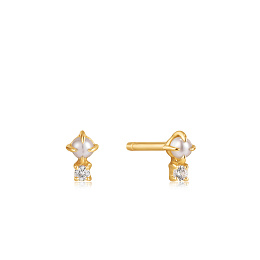 14KT Gold Pearl And White Sapphire Stud Earrings