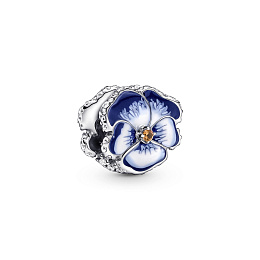 Pansy sterling silver charm with clear cubic zirconia, burnt orange crystal, shaded blue and white