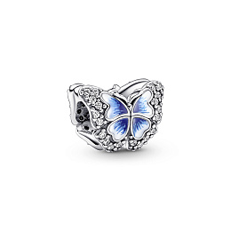Butterfly sterling silver charm with clear cubic zirconia and shaded blue and white enamel