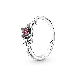 Disney Beauty and the  Beast rose sterling silver ring with red and clear cubic zirconia