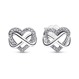 Infinity heart sterling silver stud earrings with clear cubic zirconia