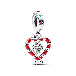 Candy cane sterling silver dangle with lake green crystal, red cubic zirconia and red enamel