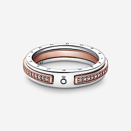 Pandora logo sterling silver and 14k rose gold-plated ring with clear cubic zirconia