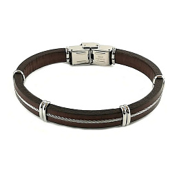 Stainless steel and brown leather bracelet and cen
