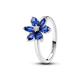 Herbarium cluster sterling silver ring with princess blue crystal and clear cubic zirconia
