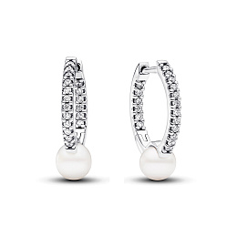 Sterling silver hoop Earrings with clear cubic zirconia and white treated freshwater cultured pearl