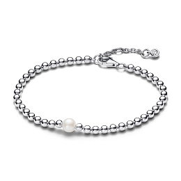 Beaded sterling silver bracelet with white treated freshwater cultured pearl and clear cubic zirconi