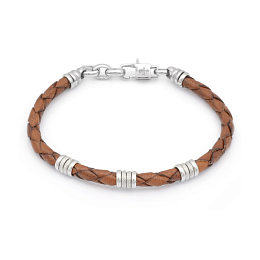 Stainless steel and brown braided leather bracelet