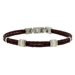 Stainless steel and brown leather bracelet with steel groups and 18kt gold screws (gr 0.04) complete