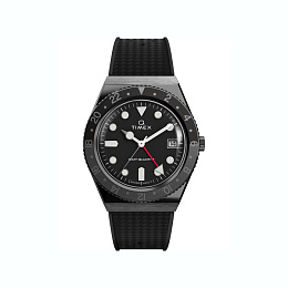 Mens Q GMT 38mm Gray Case Black Dial Black Syn Rub