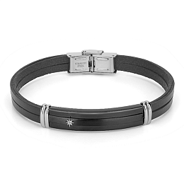 Stainless steel bracelet and black leather with a black plate and pole star complete with gift box