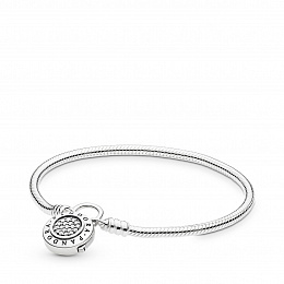Snake chain silver bracelet and PANDORA logo padlock clasp with clear cubic zirconia/Серебряный брас