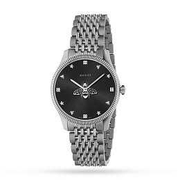 Steel case, black dial with bee as seconds hand, 9