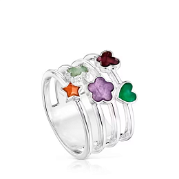 SILVER RING 5 GEMSTONES 4 BANDS N12