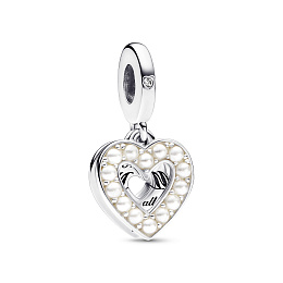Mum heart sterling silver double dangle with bioresin man-made mother of pearl and clear cubic zirco