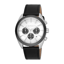 ESPRIT Men Watch, Two Tone Silver & Black Color Case, Silver Dial, Black Leather Strap, Chronograph,