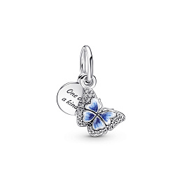 Butterfly sterling silver dangle with clear cubic zirconia, shaded blue and white enamel