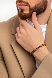 BR-BRABF-M-SSLED-BEAD-185.00 BRAID & BEAD FUSION BRACELET - SS WITH COGNAC LEATHER AND TI