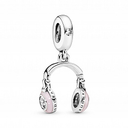 Headphones silver dangle with clear cubic zirconia and pink enamel/Серебряная подвеска-шарм с чистым
