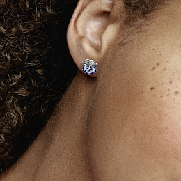 Pansy sterling silver stud earrings with clear cubic zirconia and shaded blue and white enamel